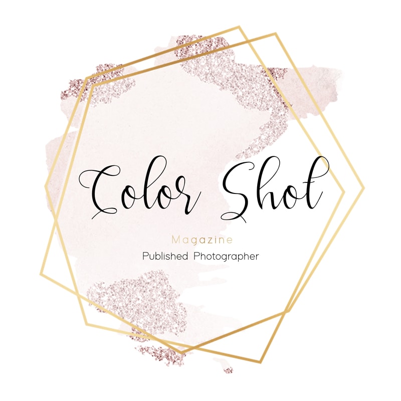 Photography Award Badge, Gold hexagonal patterns wrap around text over blush spots, it reads "Color Shot Magazine Published Photographer"
