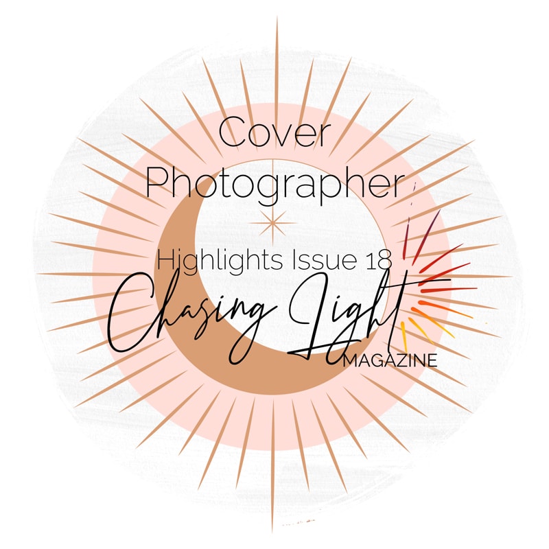 Photography Award Badge reads, "Cover Photographer Chasing Lights Magazine, Highlights Issue 18", a sun and moon pattern behind the words